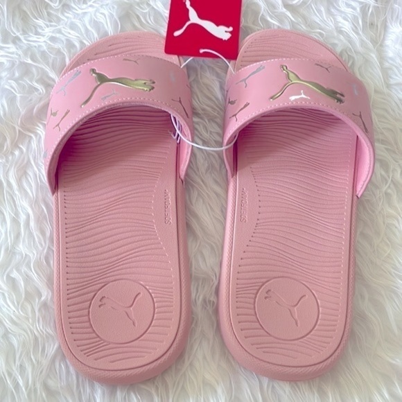 Brand New Puma Cool Cat 2.0 Toss Pink Large Strap Slides Sandals Metallic Logo - Picture 4 of 12
